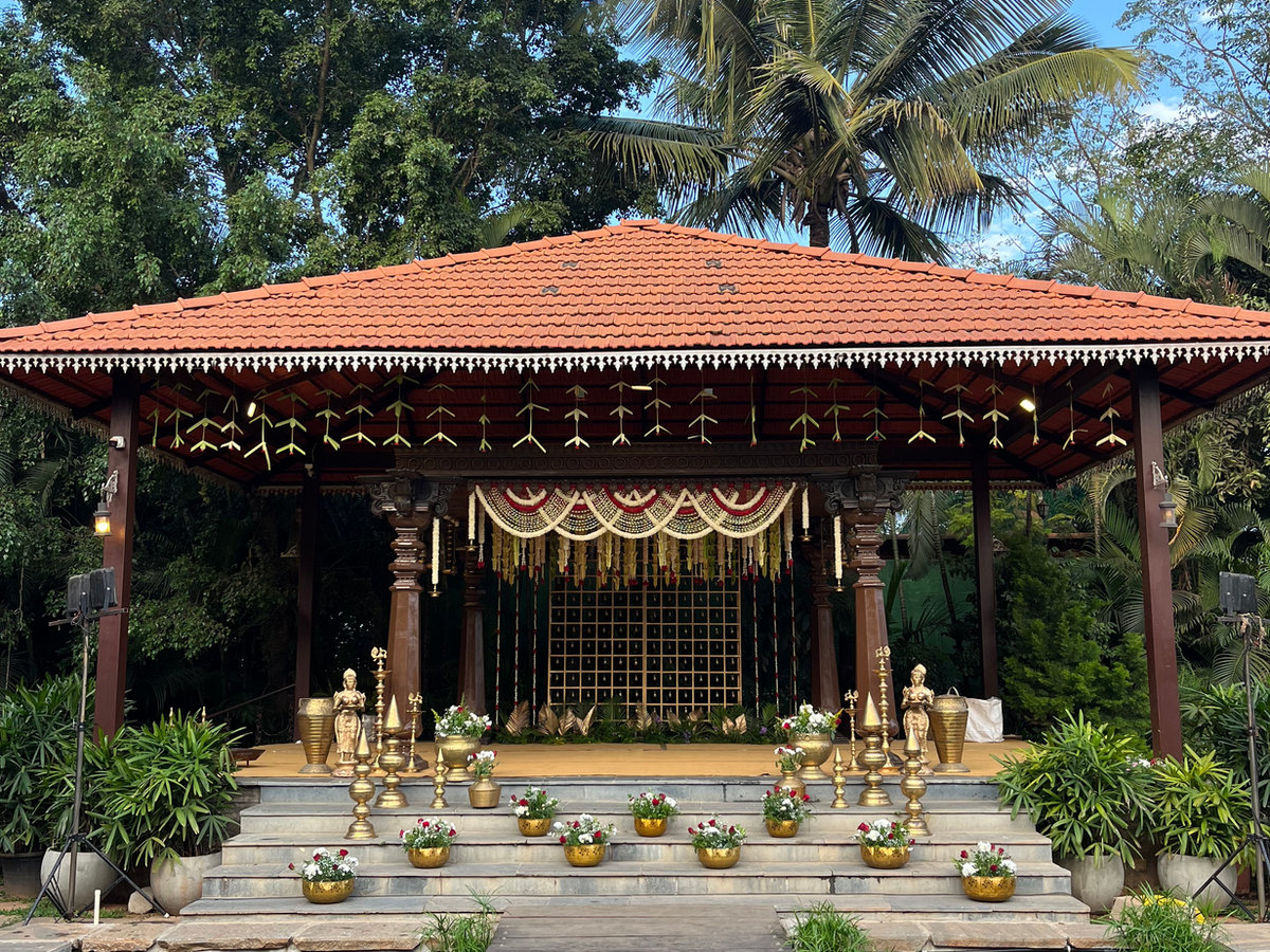 The Peacock Grove's decorated mandap pavilion by daylight